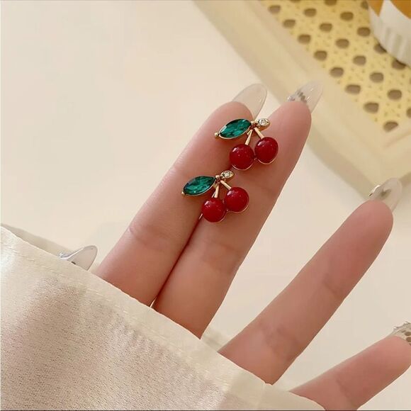 Gold Plated Red Cherry Stud Earrings - Picture 4 of 9
